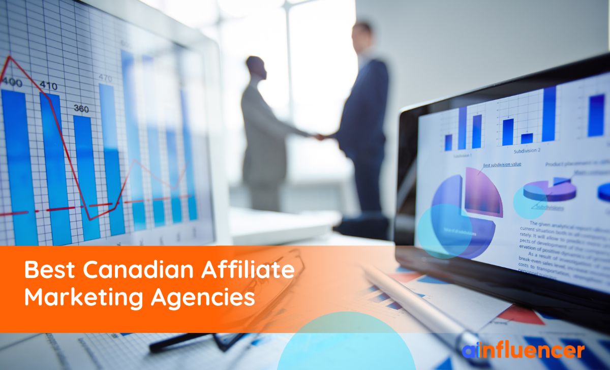 Best Canadian affiliate marketing agencies- cover showing two man shaking hands with a computer showing bars of increased sales