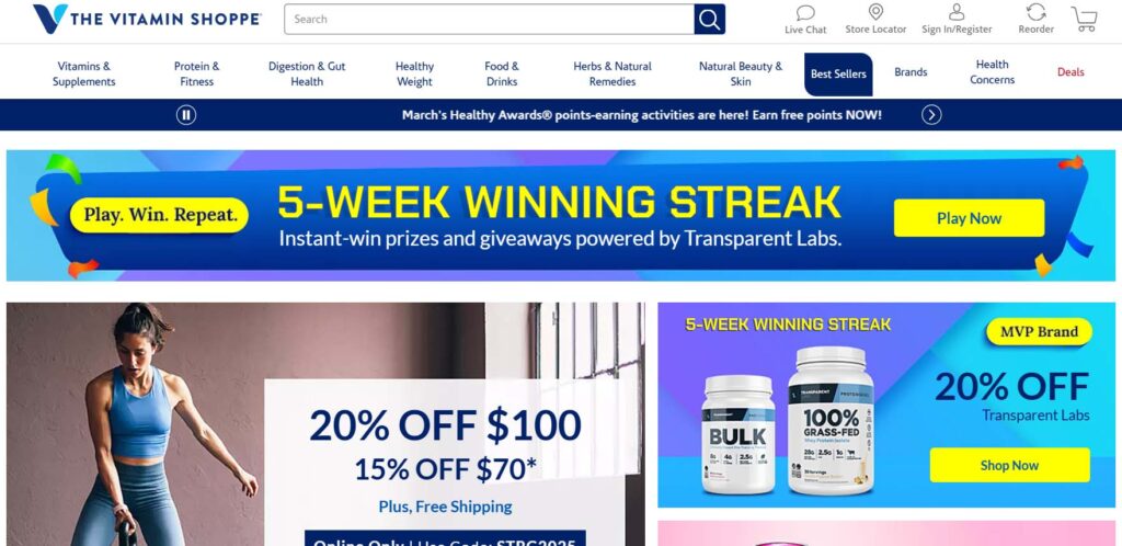Vitamine shoppe website screenshot - best american fitness affiliate programs