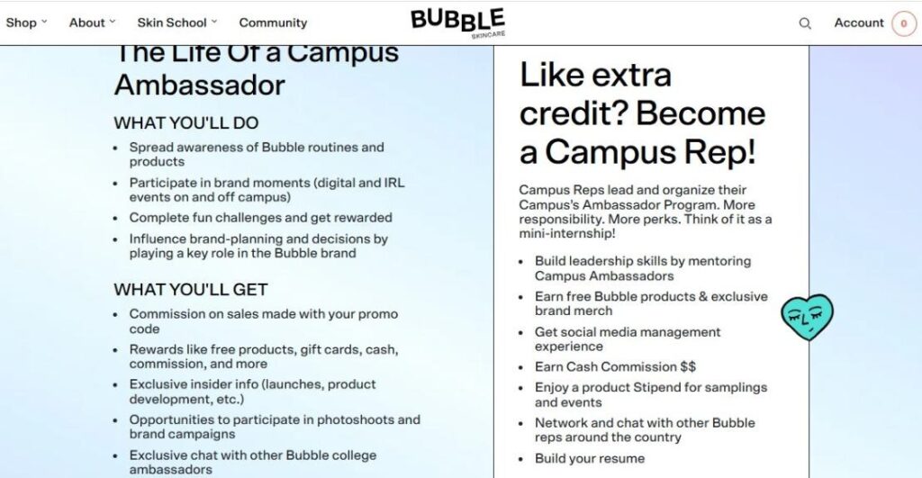bubble skincare brand ambassador program for students