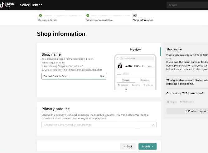 create a TikTok Shop step three: fill in information