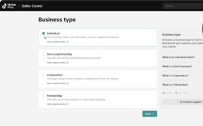 Create a TikTok Shop step two: Choose Your Business Type