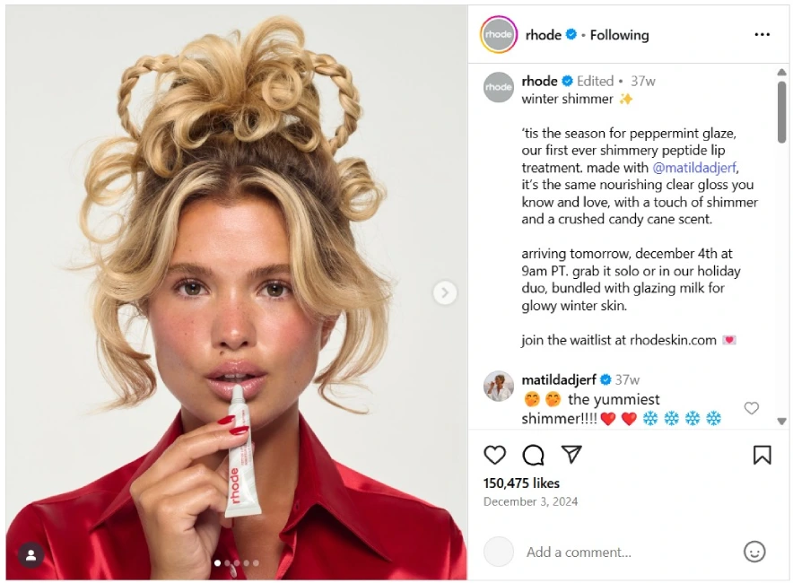 Matilda Djerf's collaboration with Rhode for co-creating a limited edition lip treatment