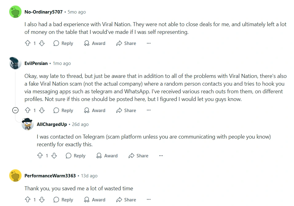 Viral Nation reviews on Reddit