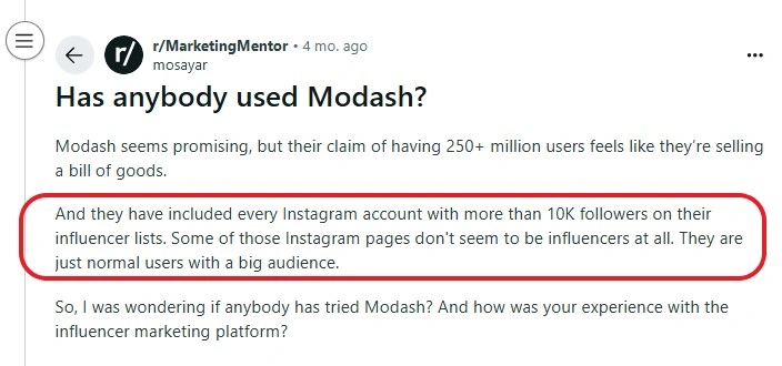 Modash Reddit review talking about its influencer pool
