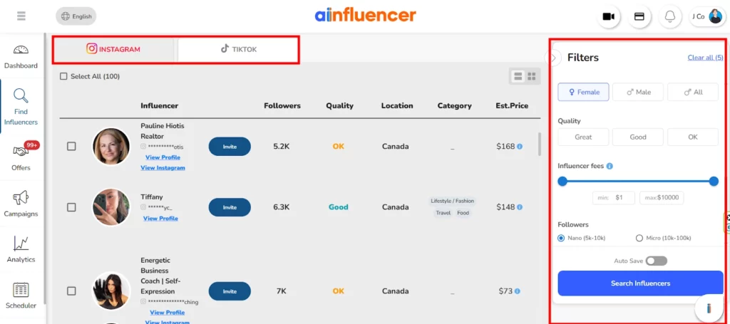 Find influencer via influencer marketplaces