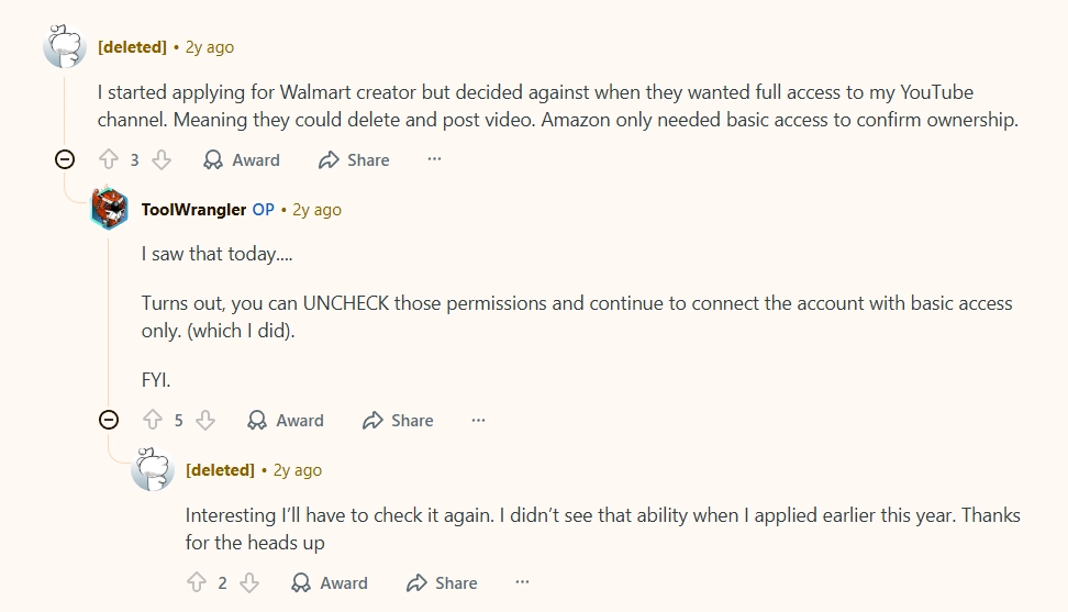 Walmart’s request for full access to their YouTube channel during the application process