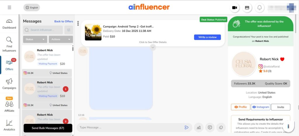 Ainfluencer Built-in Messaging