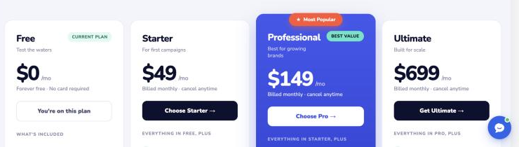 Ainfluencer pricing plans in the app: Free at $0, Starter at $49, Professional at $149 and Ultimate at $699 a month